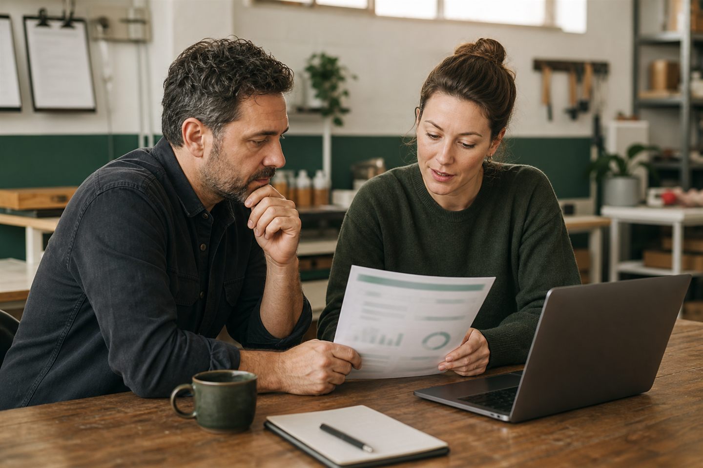 A business owner and their consultant sitting together at a workbench table, reading through a monthly report and talking it over.